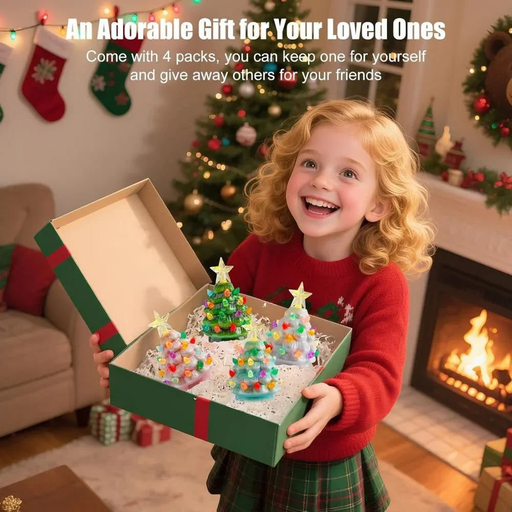 4.3 Inch Mini Ceramic Christmas Tree Set - 4 Pack Tabletop Christmas Tree